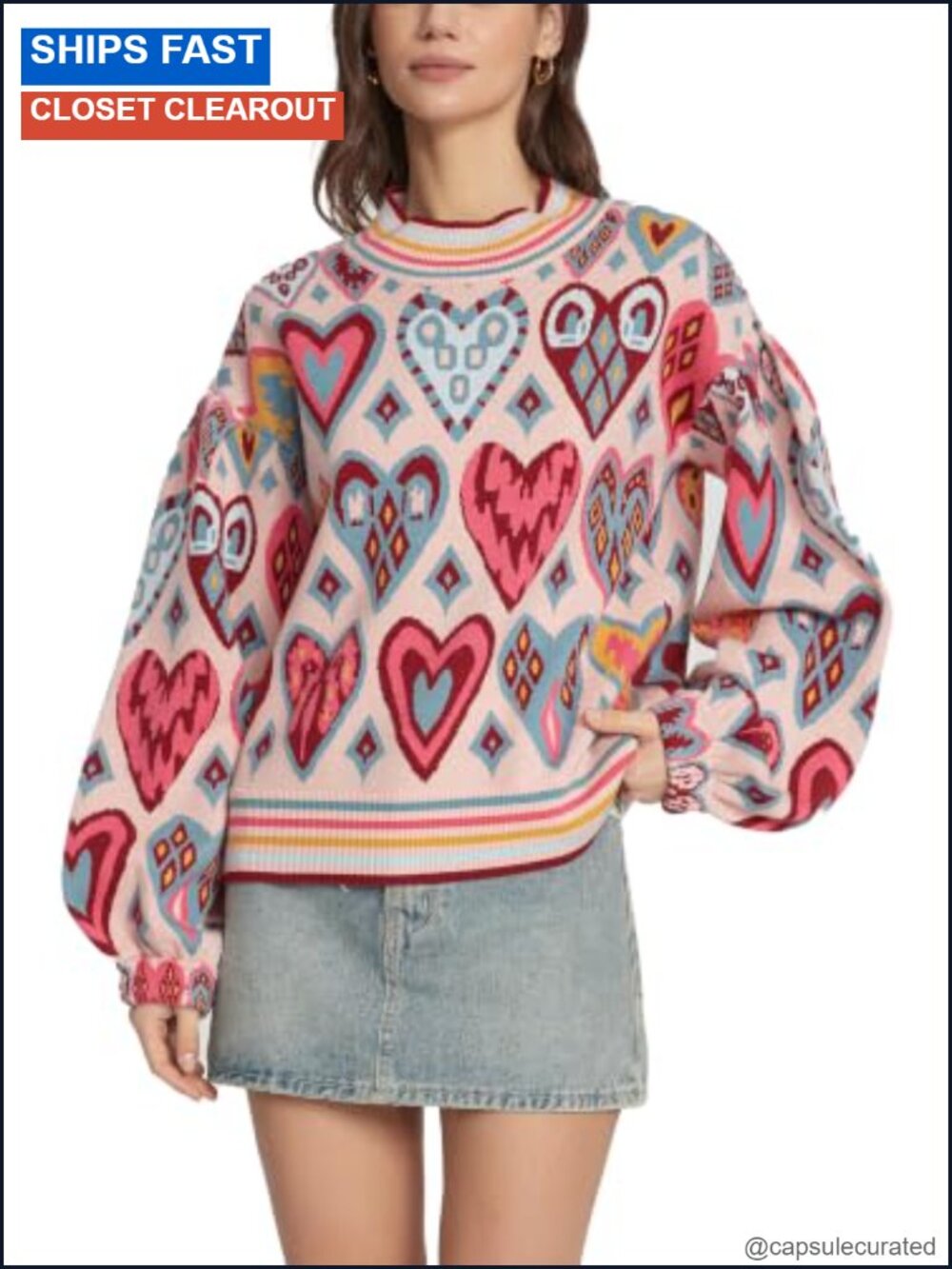 Womens Long Sleeve Heart Sweater Mock Neck Chunky Knit Pullover Jumper